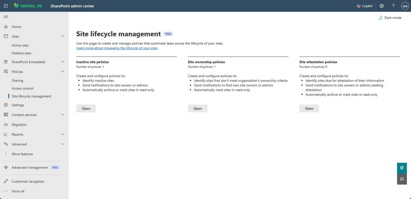 SharePoint admin center, Site lifecycle management page with three policy types: inactive site policies, site ownership policies and site attestation policies