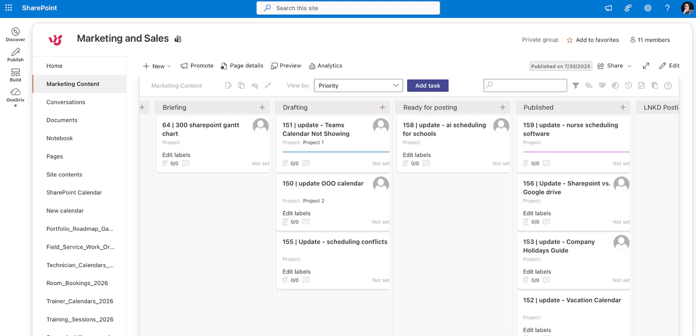 Virto Kanban Board App on a SharePoint team site: a Marketing Content board with the columns Briefing, Drafting, Ready for posting and Published, task cards in each column and an Add task button