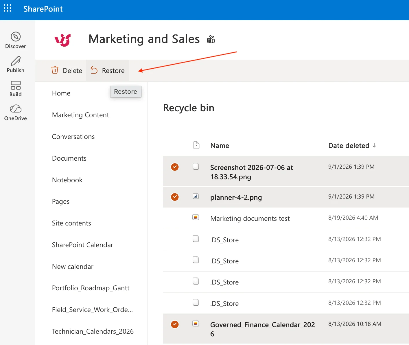 Restoring a deleted document from the SharePoint site recycle bin