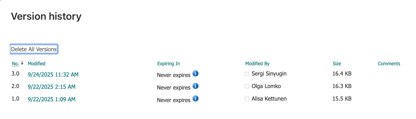 Version history panel for a document in SharePoint Online