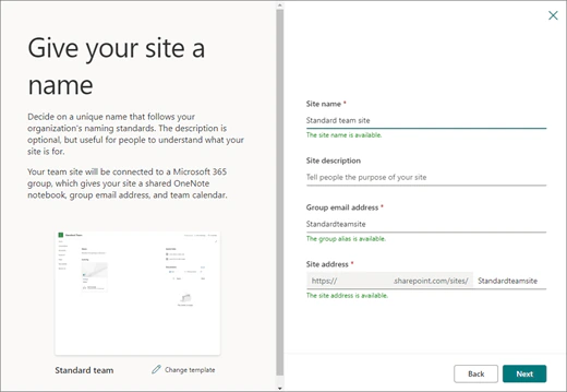 Give your site a name panel when creating a team site, with fields for site name, description, group email address and site address