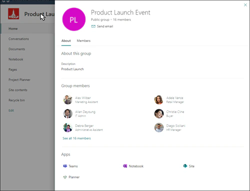 Microsoft 365 group card opened from a team site header, showing group members and the apps Teams, Notebook, Site and Planner