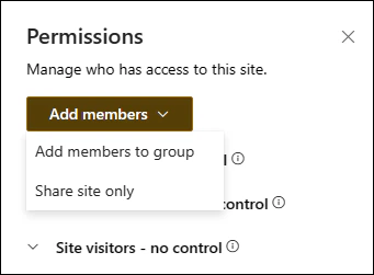 Permissions panel of a team site with the Add members button open, showing Add members to group and Share site only