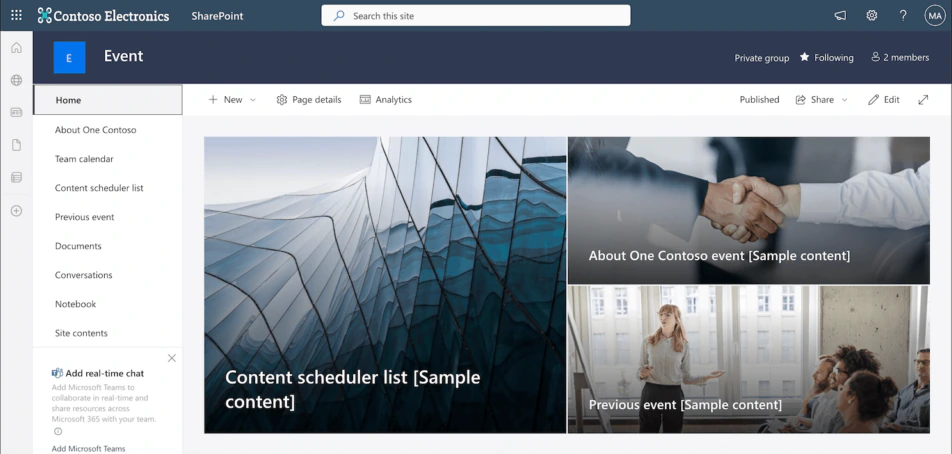 Home page of a SharePoint team site named Event with navigation on the left, the label Private group and a member count in the header