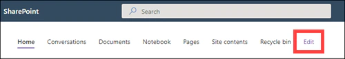 Horizontal navigation menu across the top of a SharePoint site with the Edit link highlighted