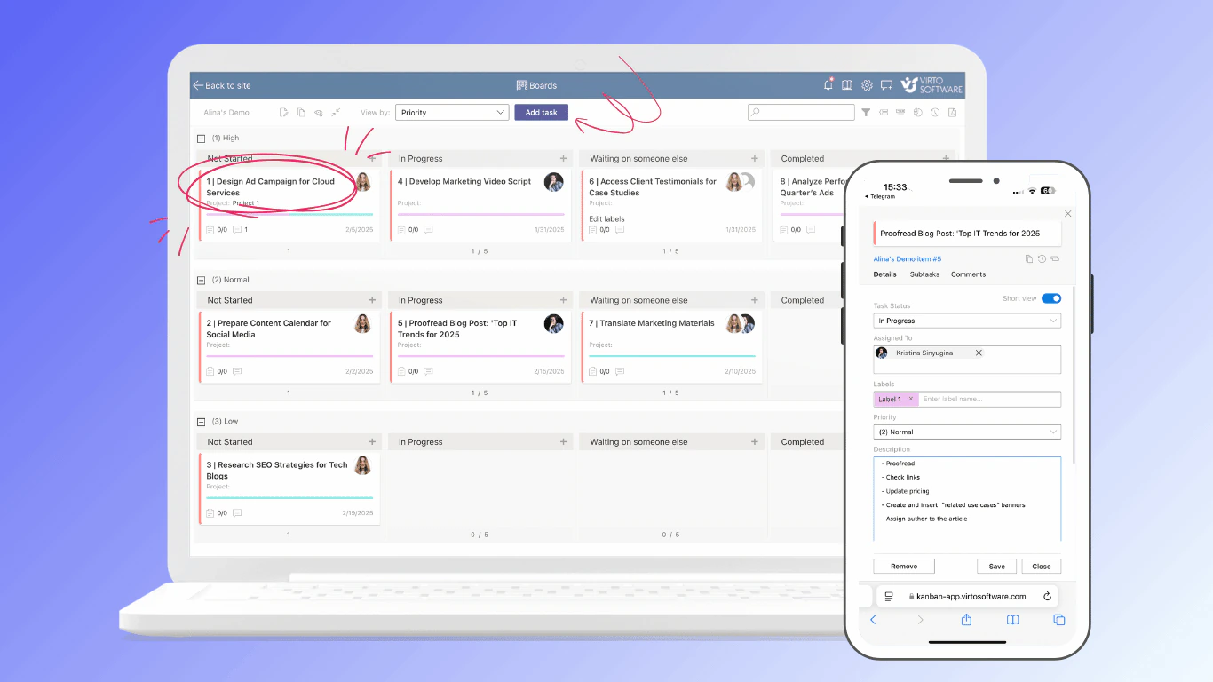 Virto Kanban Board App on a laptop with tasks grouped by priority in the columns Not Started, In Progress, Waiting on someone else and Completed, and a task card opened on a phone