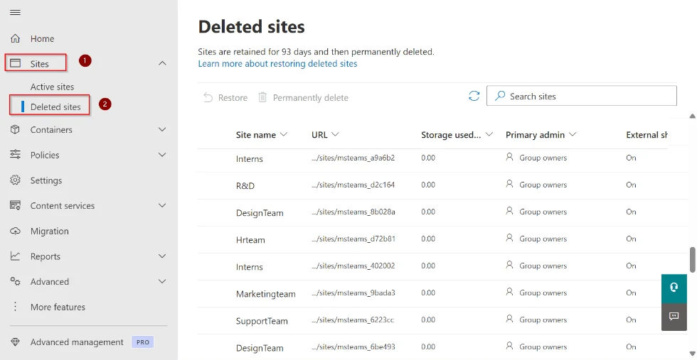 The Deleted sites page in the SharePoint admin center