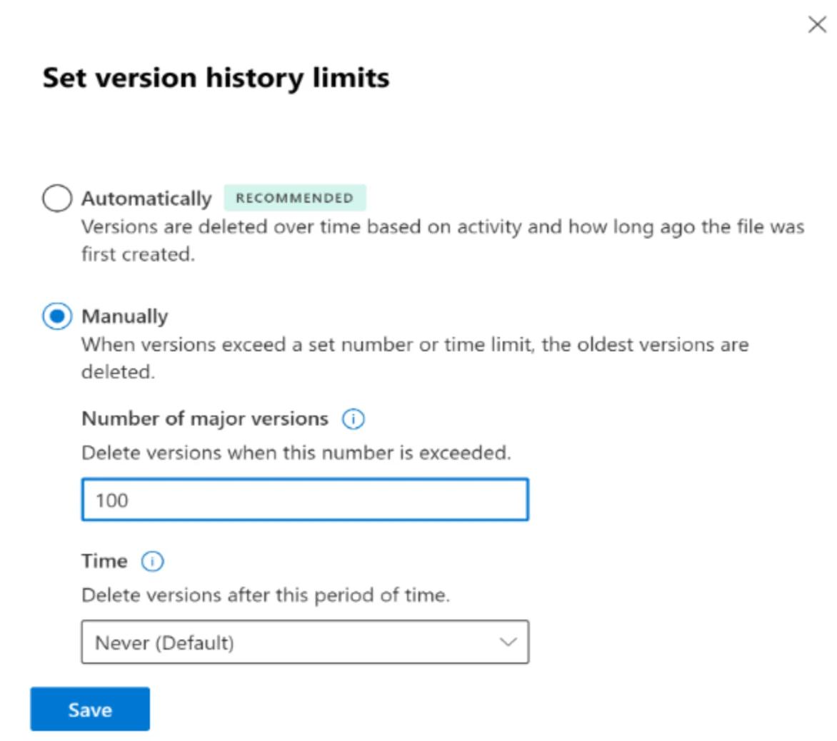 Version history limit settings on a SharePoint document library