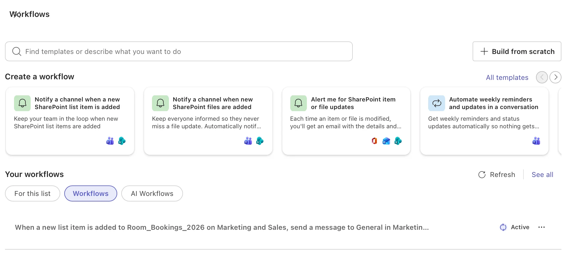 SharePoint Workflows panel with templates and Build from scratch