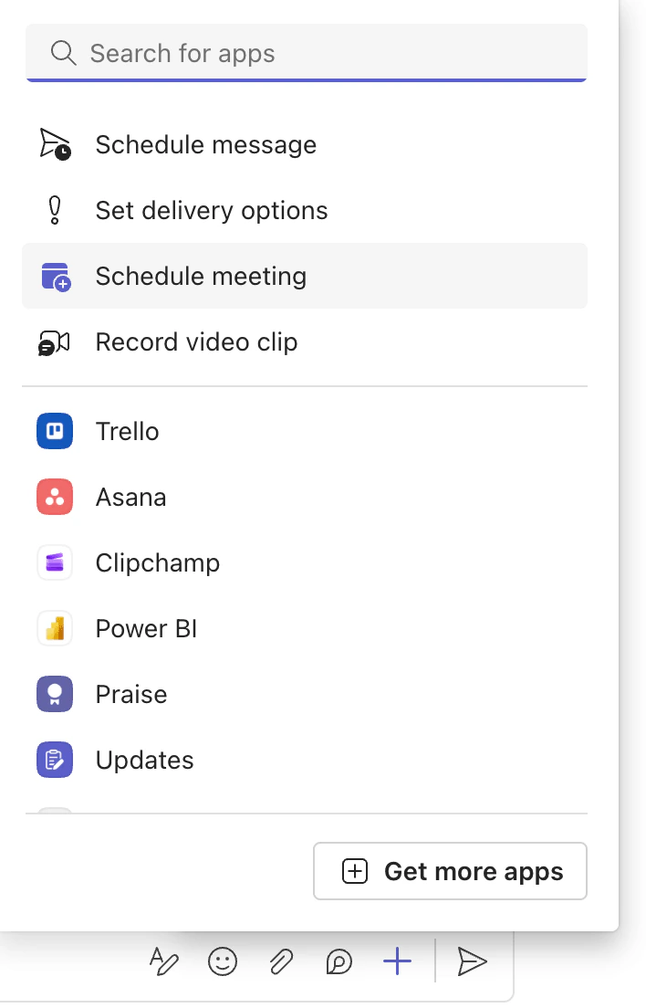 The Actions and apps menu in a Teams chat with Schedule message and Set delivery options