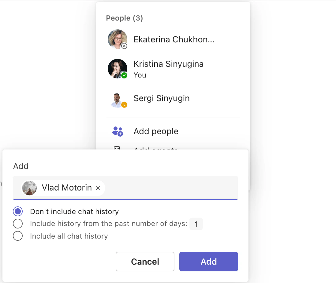 Adding a person to a Teams group chat with options for how much chat history to include