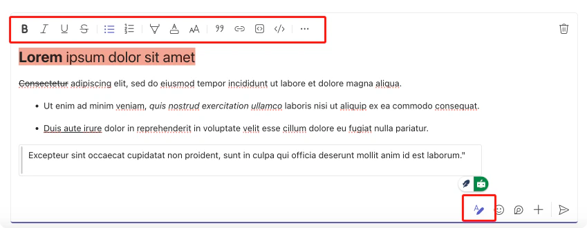 The expanded formatting toolbar in the Microsoft Teams compose box