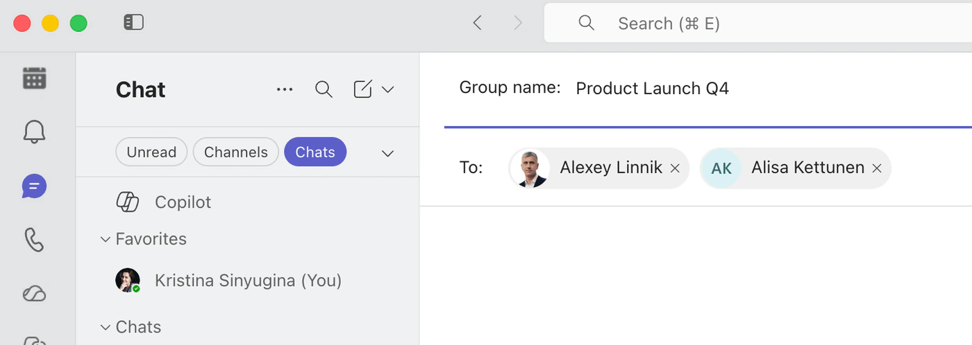 The Group name field and two participants added to a new group chat in Microsoft Teams