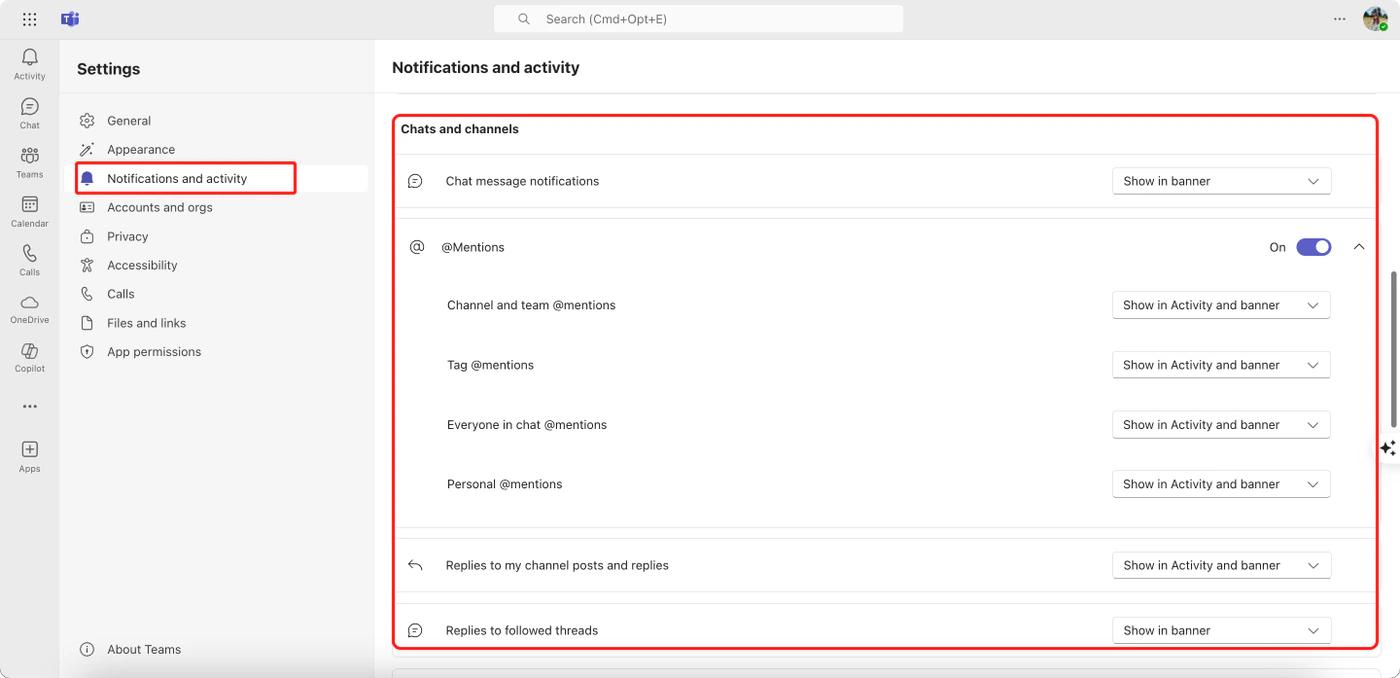 Chats and channels notification settings for chat messages and @mentions in Microsoft Teams