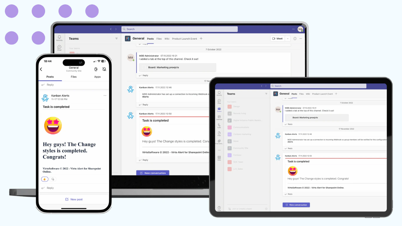 A Virto Notifications & Reminders App alert posted to a Microsoft Teams channel on desktop, tablet and phone