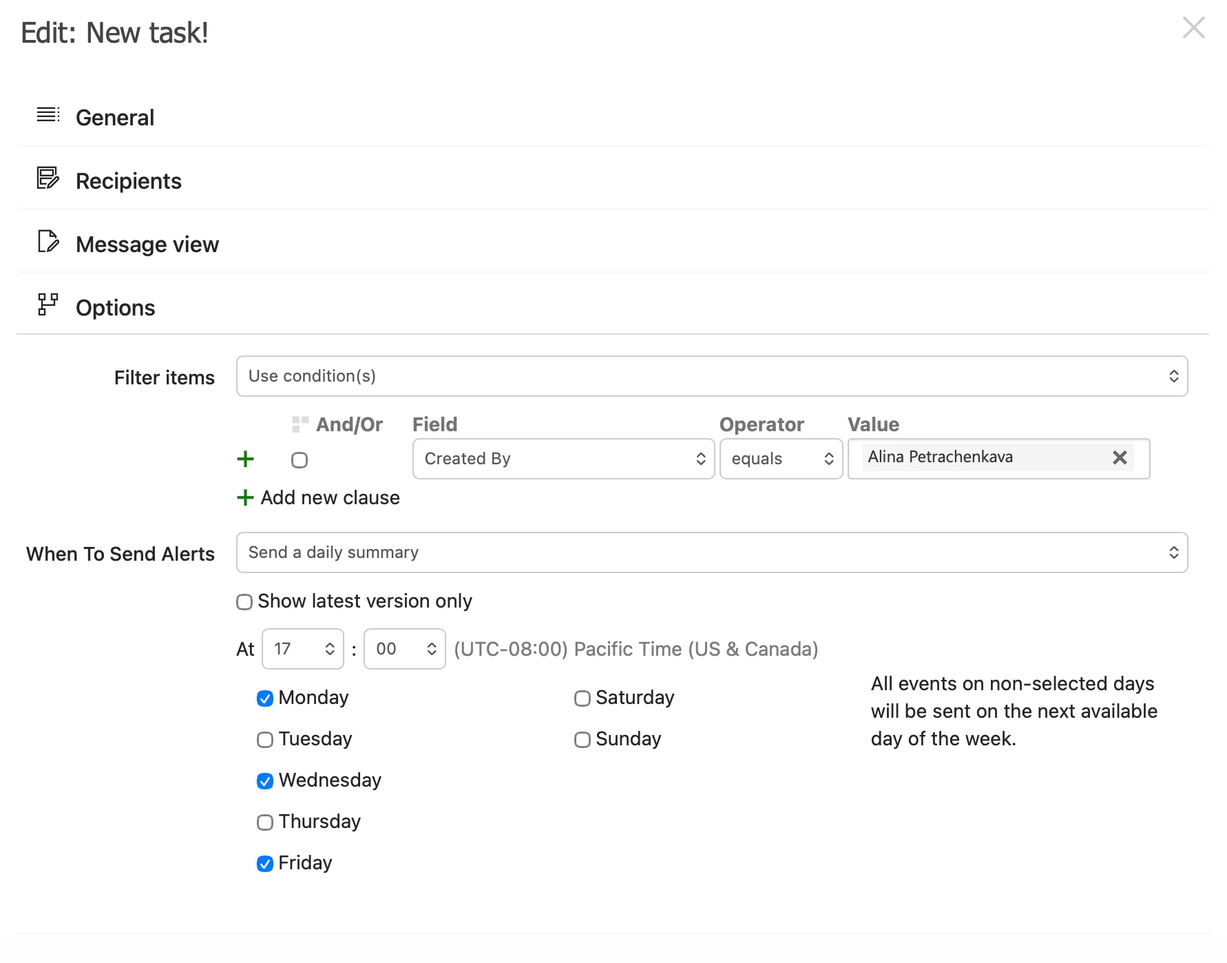 Configuring an alert in the Virto Alerts and Reminder App