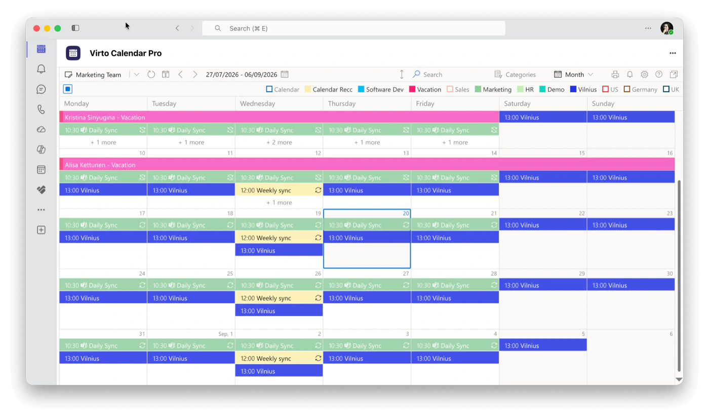 Virto Calendar App showing Outlook, SharePoint and external calendars overlaid in one colour-coded view