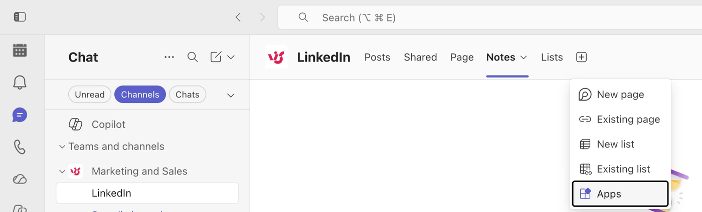 Adding an app as a tab in a Microsoft Teams channel