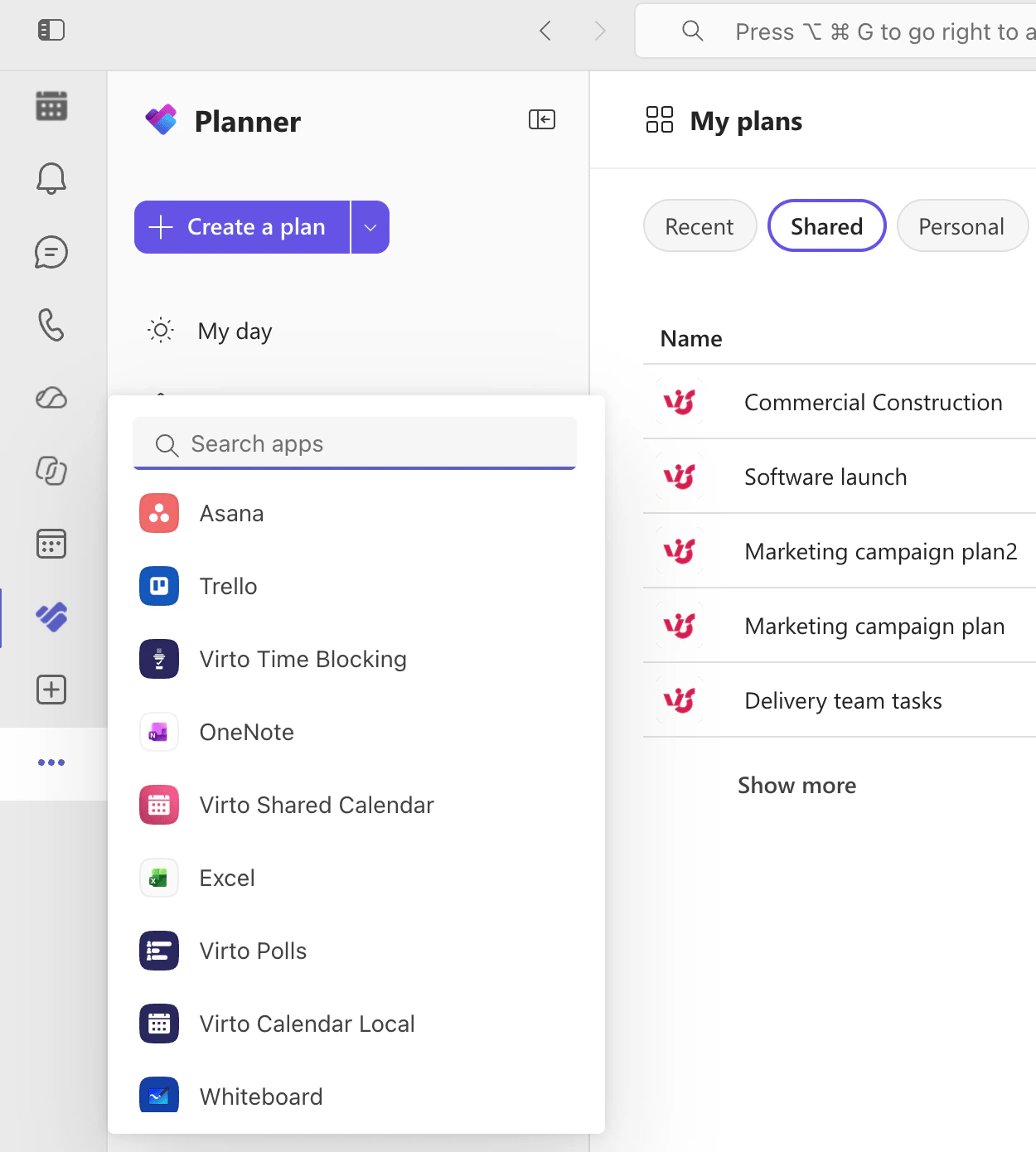 The Microsoft Teams app bar on the left with the list of added apps open