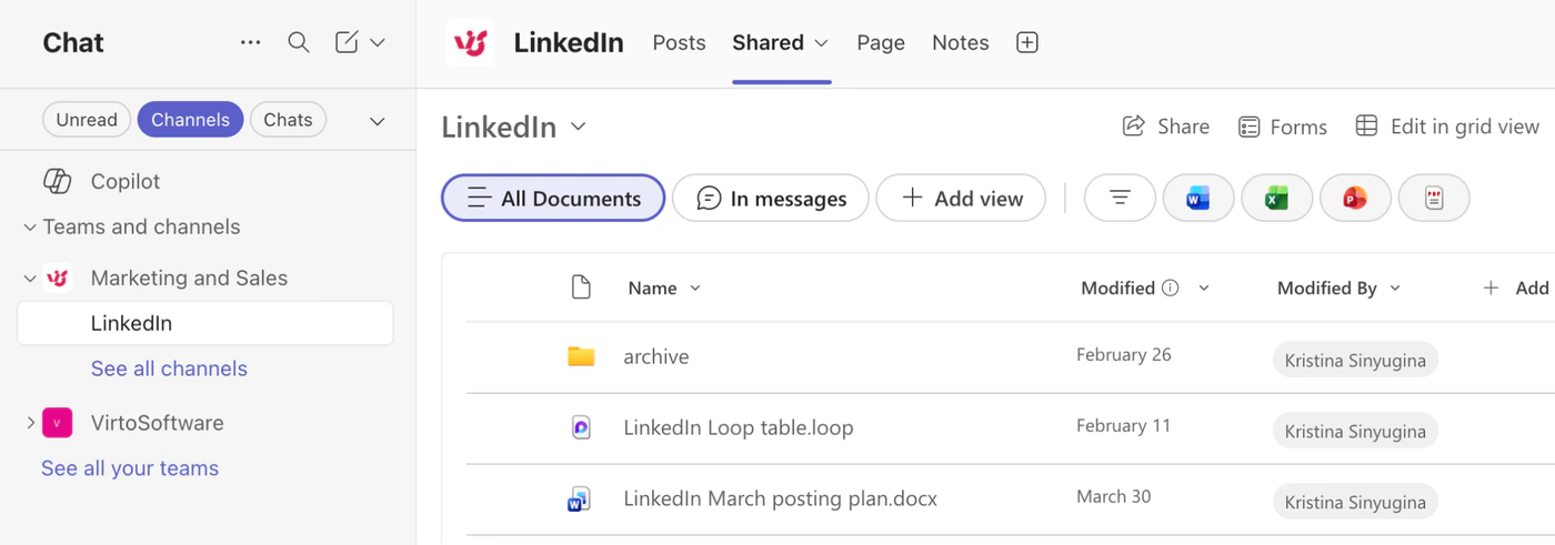 The Shared tab of a Microsoft Teams channel with its document library