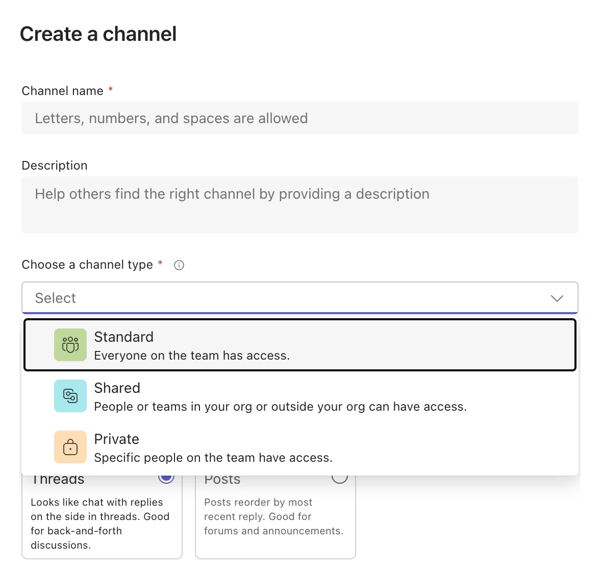 The Create a channel dialog in Microsoft Teams with the Standard, Shared and Private channel types