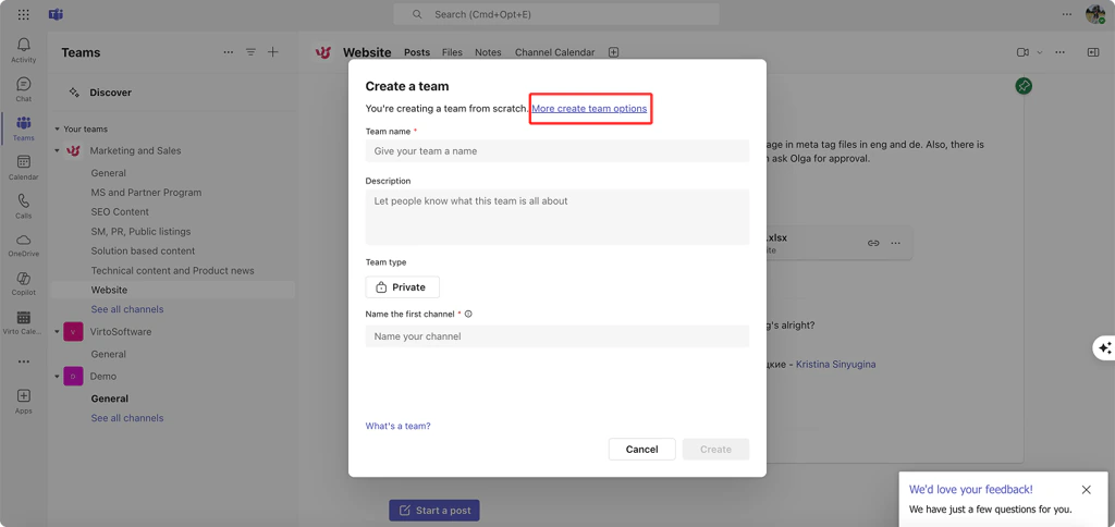 The Create a team dialog in Microsoft Teams with team name, description, team type and first channel