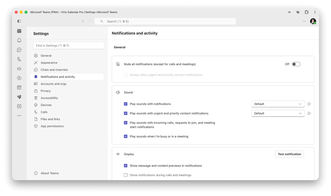 The Notifications and activity page in Microsoft Teams settings