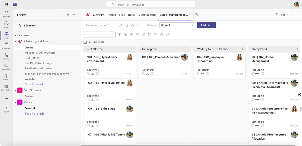 A Virto Kanban Board App board as a tab in a Microsoft Teams channel