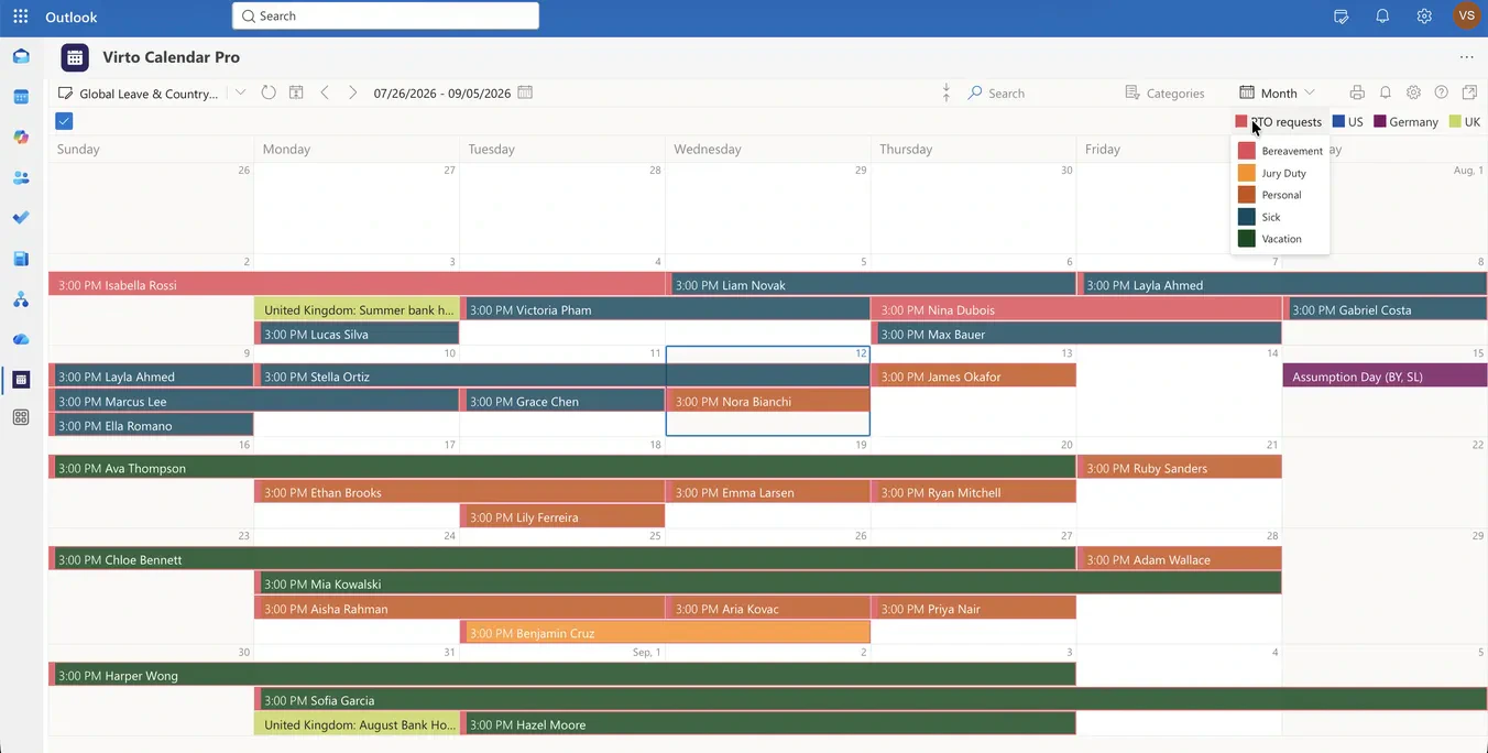 Monatsansicht von Virto Calendar App in Outlook mit genehmigtem Urlaub, farbig nach Urlaubsart, und den Feiertagen des Vereinigten Königreichs und Deutschlands im selben Kalender