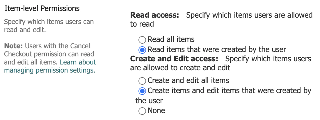 Berechtigungen auf Elementebene in den erweiterten Einstellungen der Liste: Read access auf Read items that were created by the user und Create and Edit access auf Create items and edit items that were created by the user gestellt