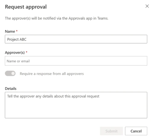Dialog Request approval in Microsoft Lists mit den Feldern Name, Approver(s) und Details, dem Schalter Require a response from all approvers sowie den Schaltflächen Submit und Cancel