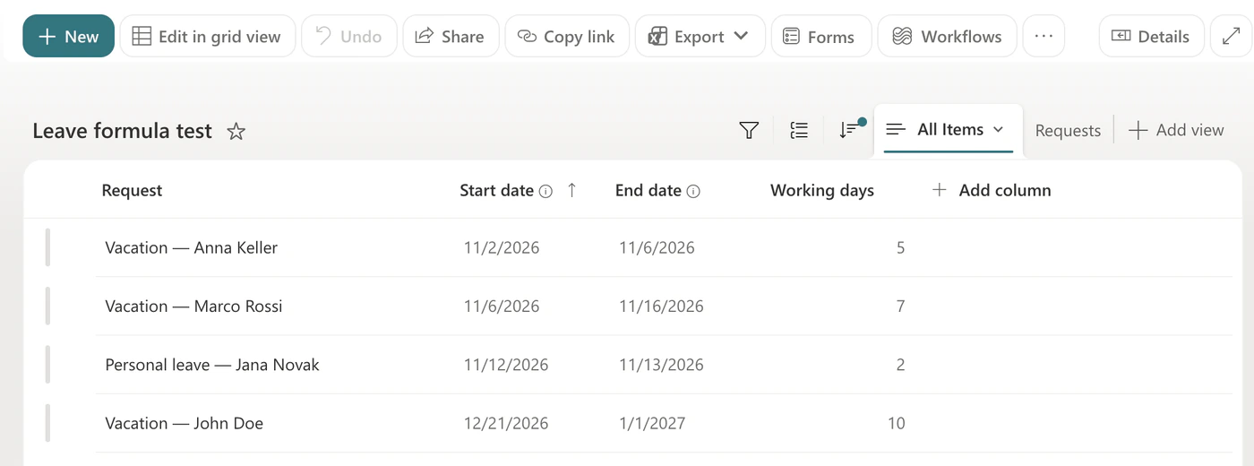 SharePoint-Liste mit vier Urlaubsanträgen und einer Spalte Working days: Vacation — Anna Keller vom 2.11.2026 bis 6.11.2026, 5 Tage; Vacation — Marco Rossi vom 6.11.2026 bis 16.11.2026, 7 Tage; Personal leave — Jana Novak vom 12.11.2026 bis 13.11.2026, 2 Tage; Vacation — John Doe vom 21.12.2026 bis 1.1.2027, 10 Tage
