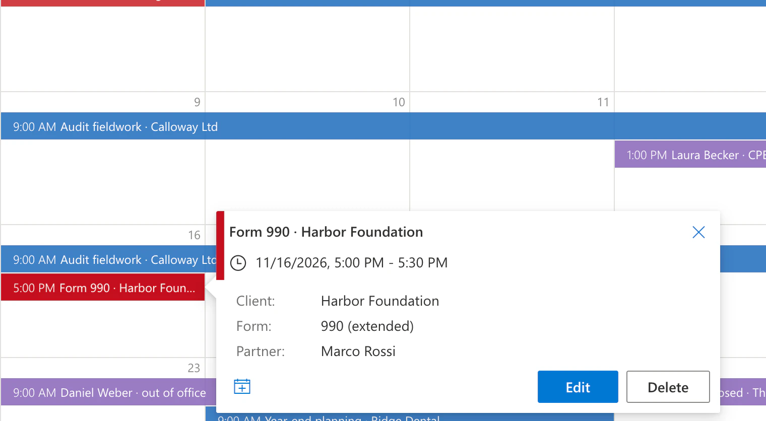 Event card of a filing deadline in Virto Calendar App with the client, the form and the partner from the SharePoint list