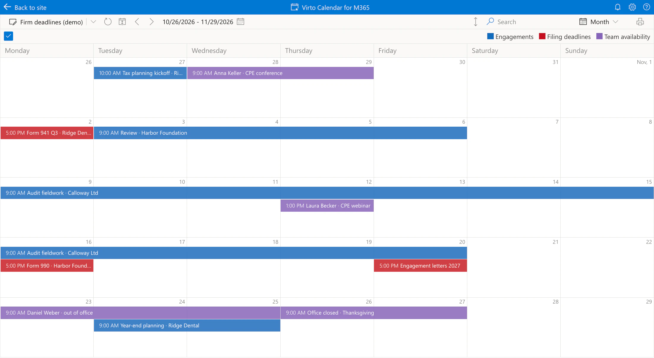 Virto Calendar App, month view of a demo firm calendar from 26 October to 29 November 2026 with filing deadlines, engagements and team availability