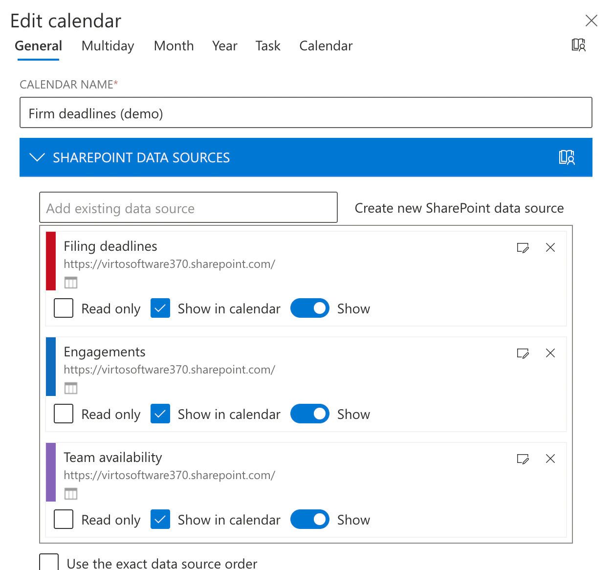 The Edit calendar panel of Virto Calendar App with three SharePoint data sources: Filing deadlines, Engagements and Team availability