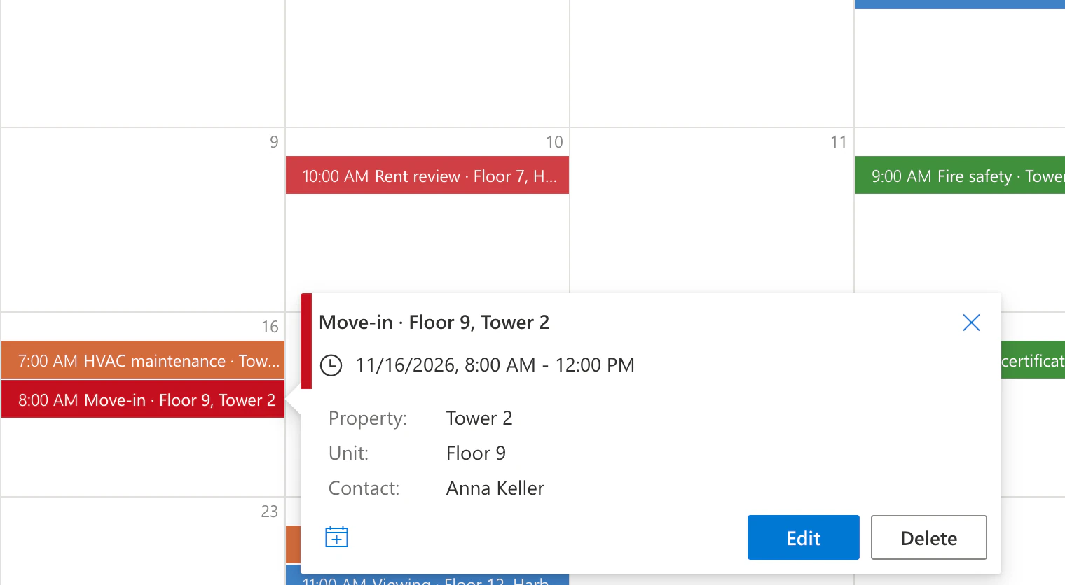 Event card of a move-in to Floor 9, Tower 2 in Virto Calendar App with property, unit and contact, next to HVAC maintenance on the same day