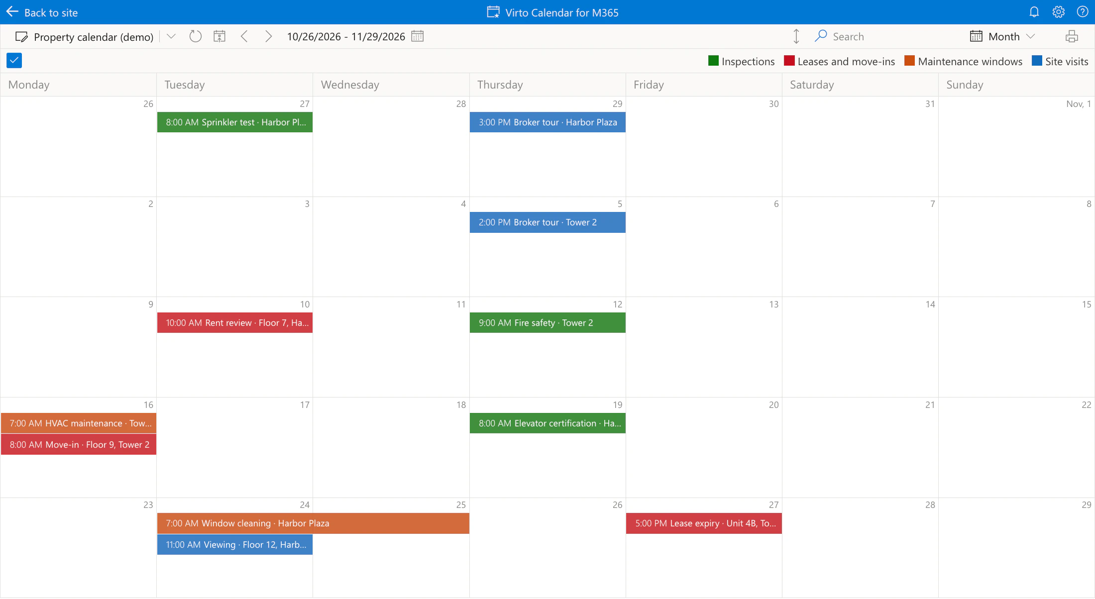 Virto Calendar App, month view of a demo property calendar from 26 October to 29 November 2026 with inspections, leases and move-ins, maintenance windows and site visits