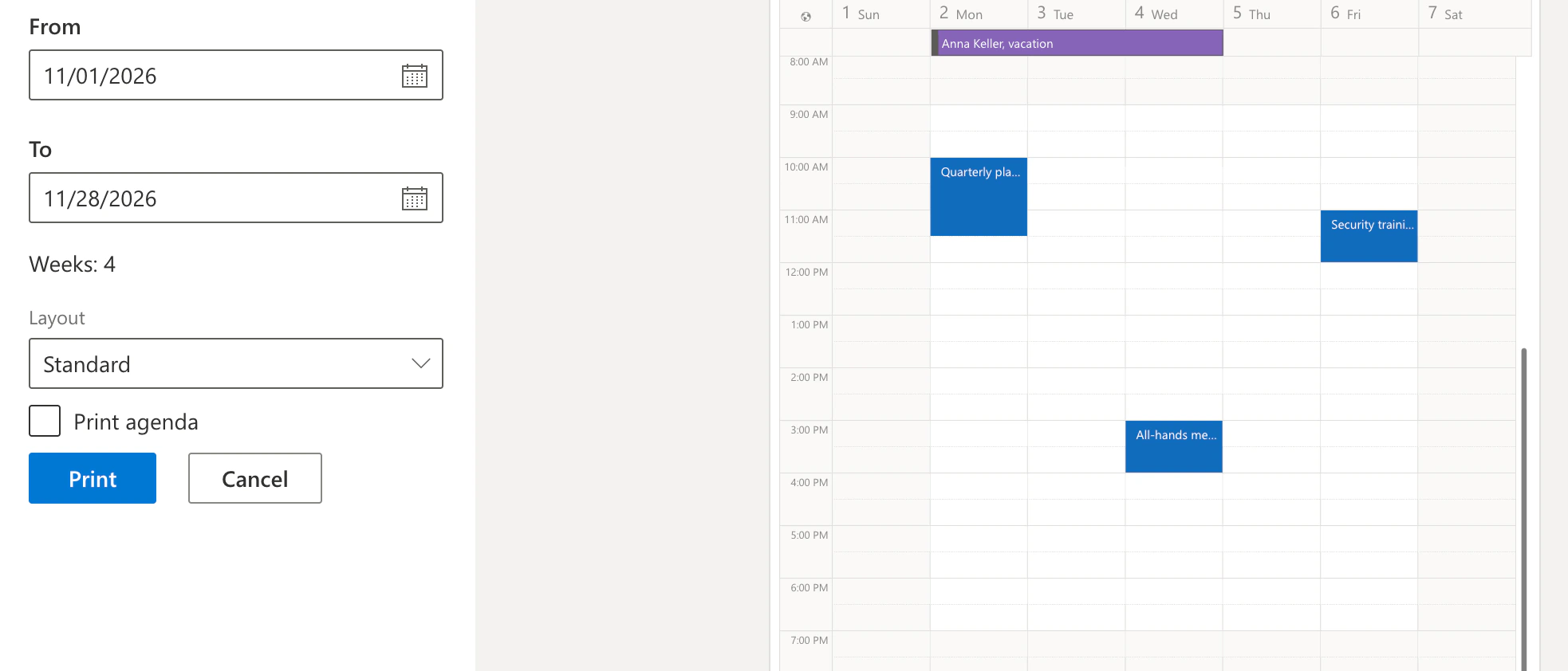 The Print dialog in Virto Calendar App with From 11/01/2026, To 11/28/2026 and Weeks: 4, next to the preview of the first week