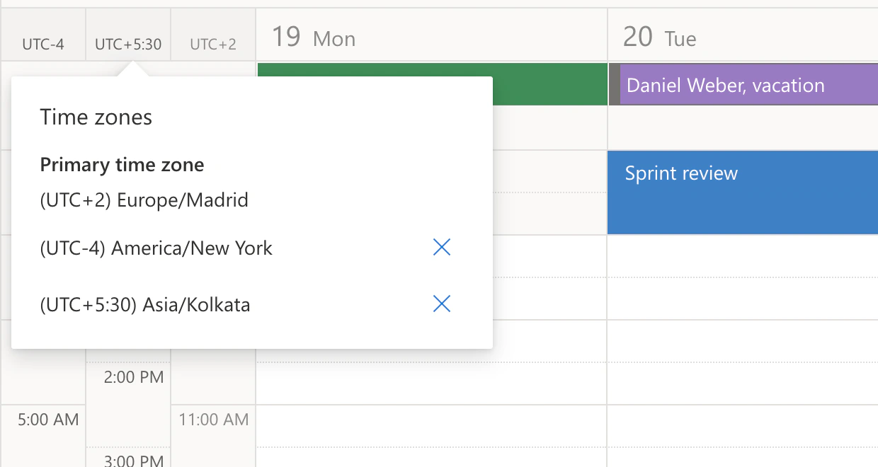 The Time zones panel in Virto Calendar App with a primary and two extra time zones