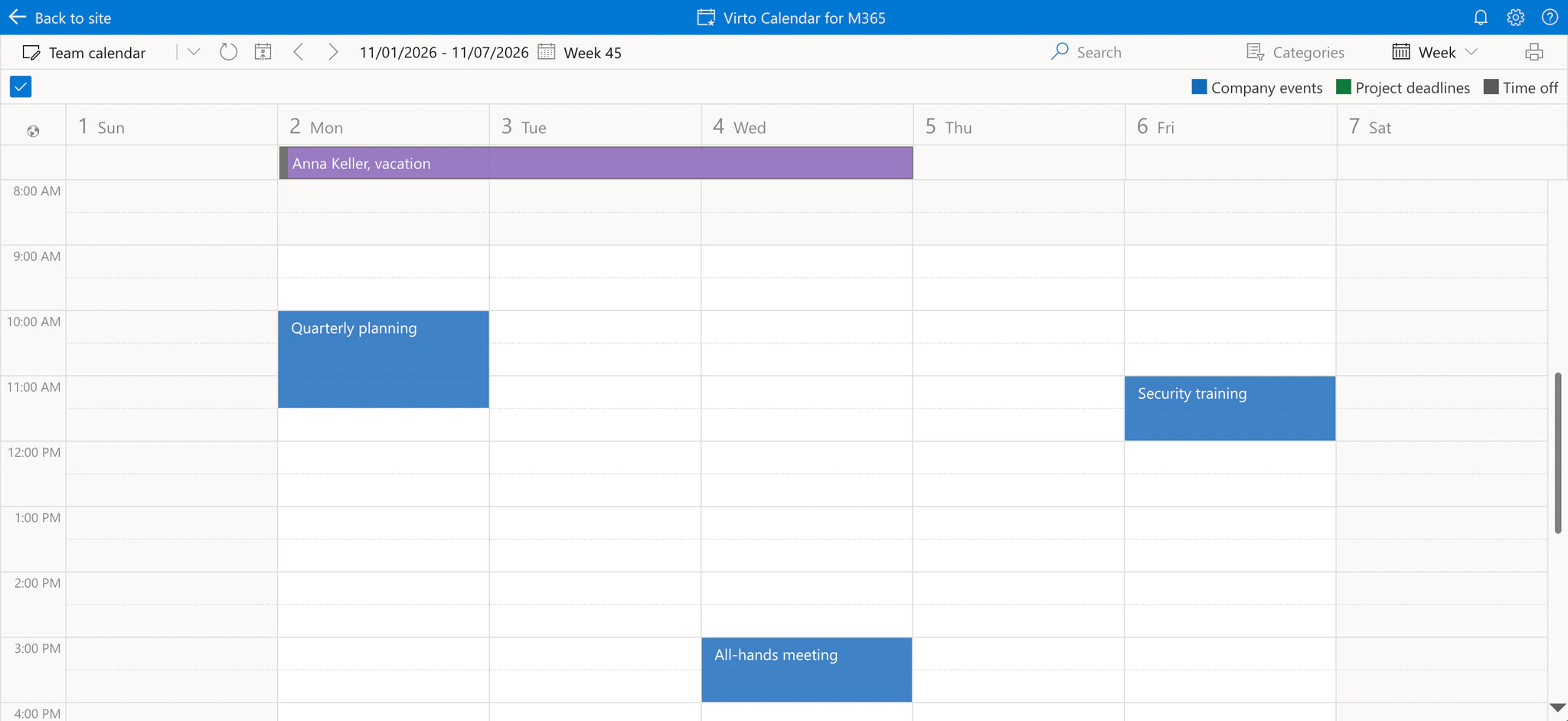 Virto Calendar App week view with Week 45 next to the date range 11/01/2026 - 11/07/2026