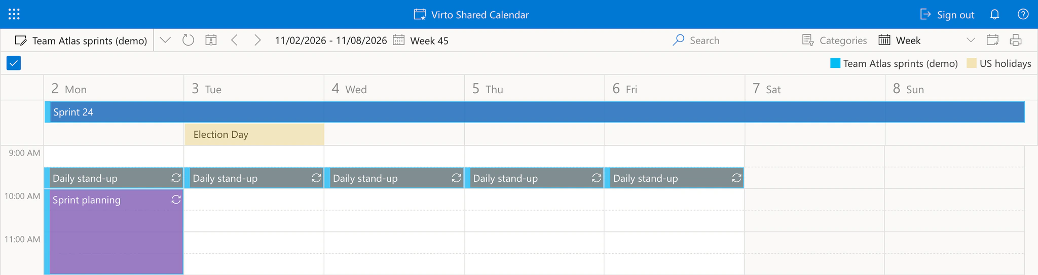 Virto Shared Calendar week view of a sprint calendar with Week 45 next to the date range 11/02/2026 - 11/08/2026