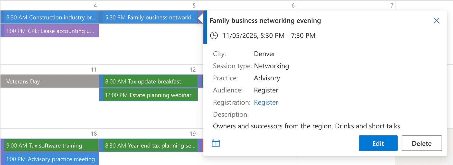 Event card of the Family business networking evening on 5 November 2026, 5:30 PM - 7:30 PM, with the list columns City Denver, Session type Networking, Practice Advisory, Audience Register, Registration with a Register link and the description, and the buttons Edit and Delete