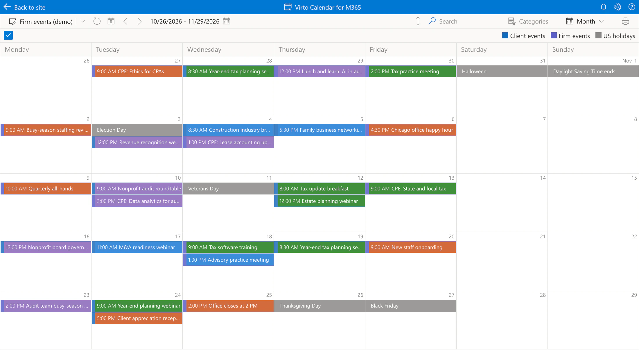 Virto Calendar App, month view of the Firm events (demo) calendar from 26 October to 29 November 2026, with the sources Client events, Firm events and US holidays: Tax in green, such as the year-end tax planning seminar on 28 October and the tax update breakfast on 12 November; Assurance in purple, such as the revenue recognition webinar on 3 November and the nonprofit audit roundtable on the 10th; Advisory in blue, such as the family business networking evening on the 5th and the M&A readiness webinar on the 17th; Firm-wide in orange, such as the quarterly all-hands on the 9th and new staff onboarding on the 20th; Veterans Day and Thanksgiving in grey