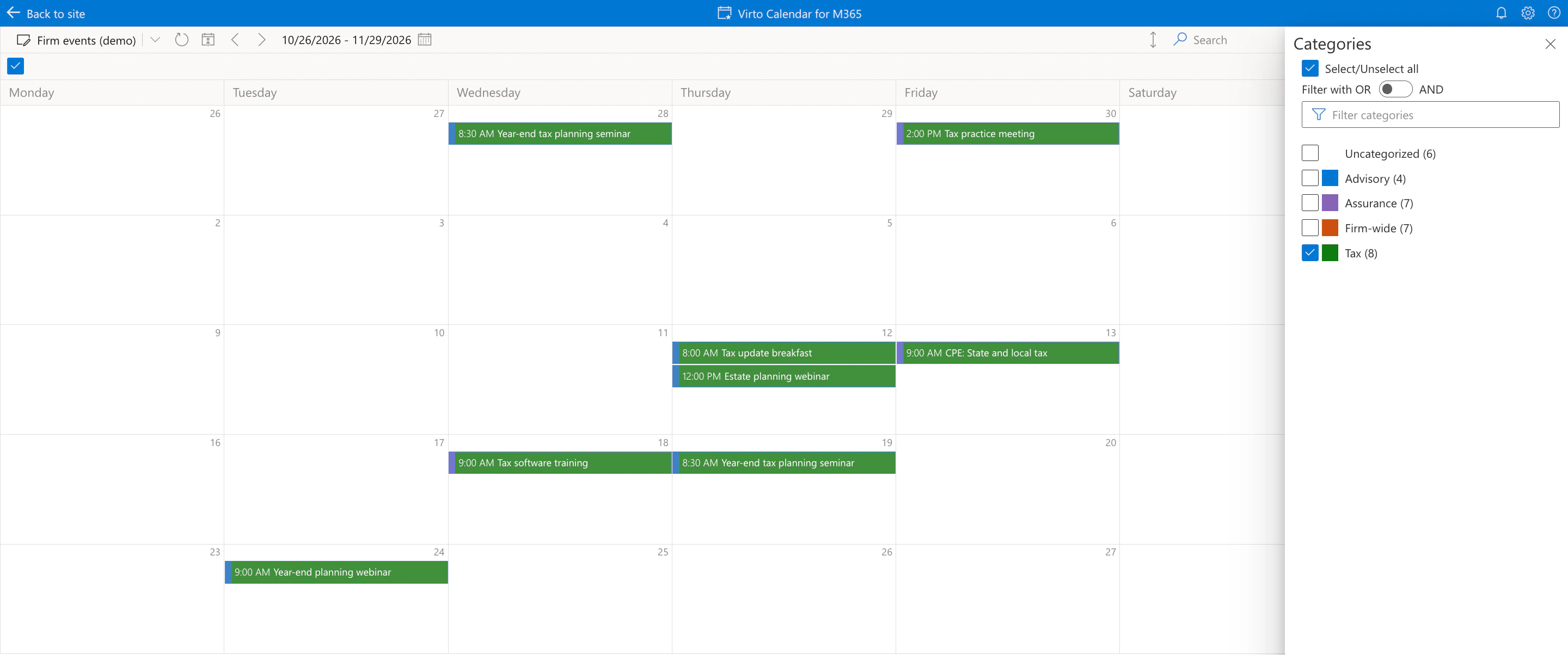 Virto Calendar App, Firm events (demo) calendar with the Categories panel open: Uncategorized, Advisory, Assurance and Firm-wide unticked and Tax ticked, so the month shows only the tax events, among them the year-end tax planning seminars on 28 October and 19 November, the tax update breakfast and the estate planning webinar on 12 November and CPE: State and local tax on the 13th