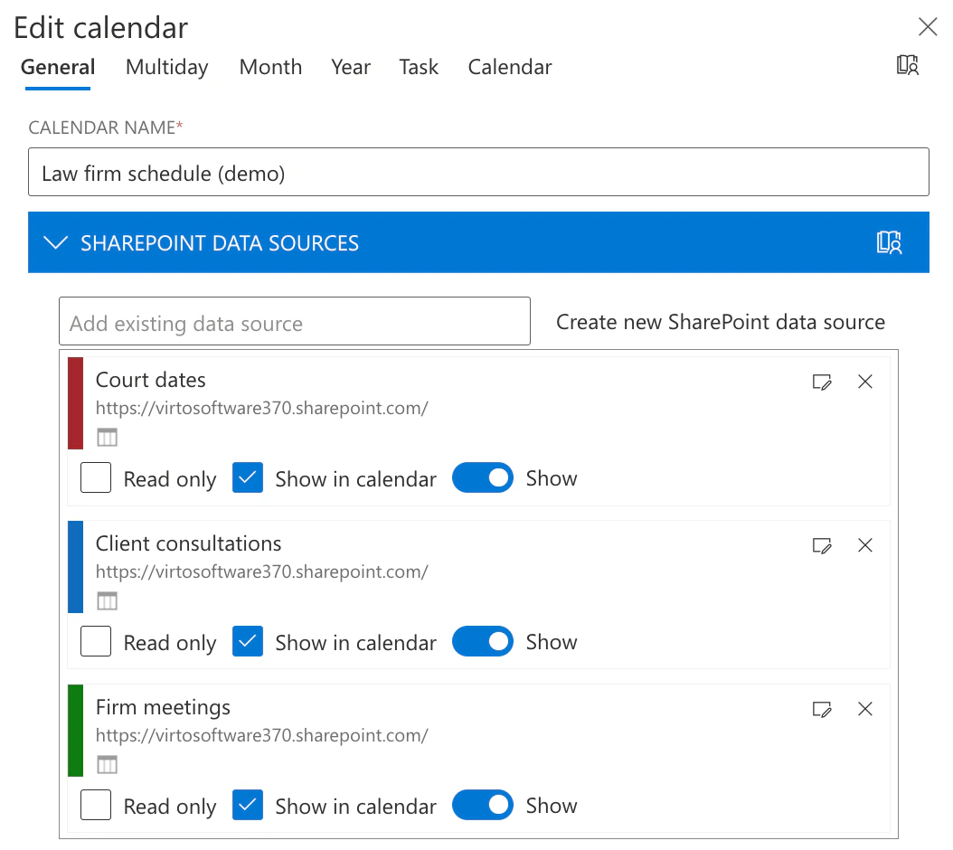 Virto Calendar App, Edit calendar for Law firm schedule (demo), General tab: three SharePoint data sources, Court dates in red, Client consultations in blue and Firm meetings in green, each with its site address and the options Read only, Show in calendar and Show