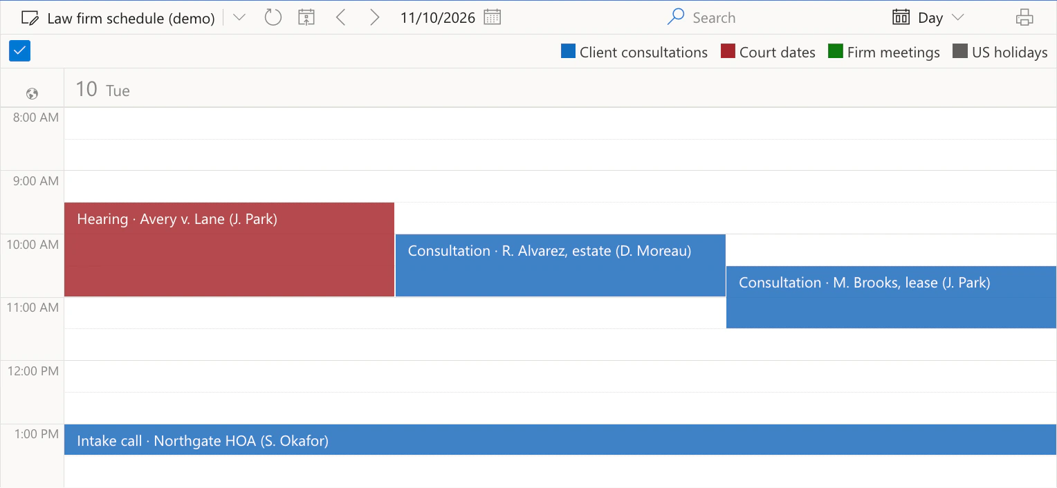 Virto Calendar App, Day view of Tuesday 10 November 2026 in the Law firm schedule (demo) calendar from 8:00 AM to 2:00 PM: Hearing · Avery v. Lane (J. Park) from 9:30 to 11:00 AM in red, drawn side by side with Consultation · R. Alvarez, estate (D. Moreau) at 10:00 AM and Consultation · M. Brooks, lease (J. Park) at 10:30 AM in blue, and Intake call · Northgate HOA (S. Okafor) at 1:00 PM