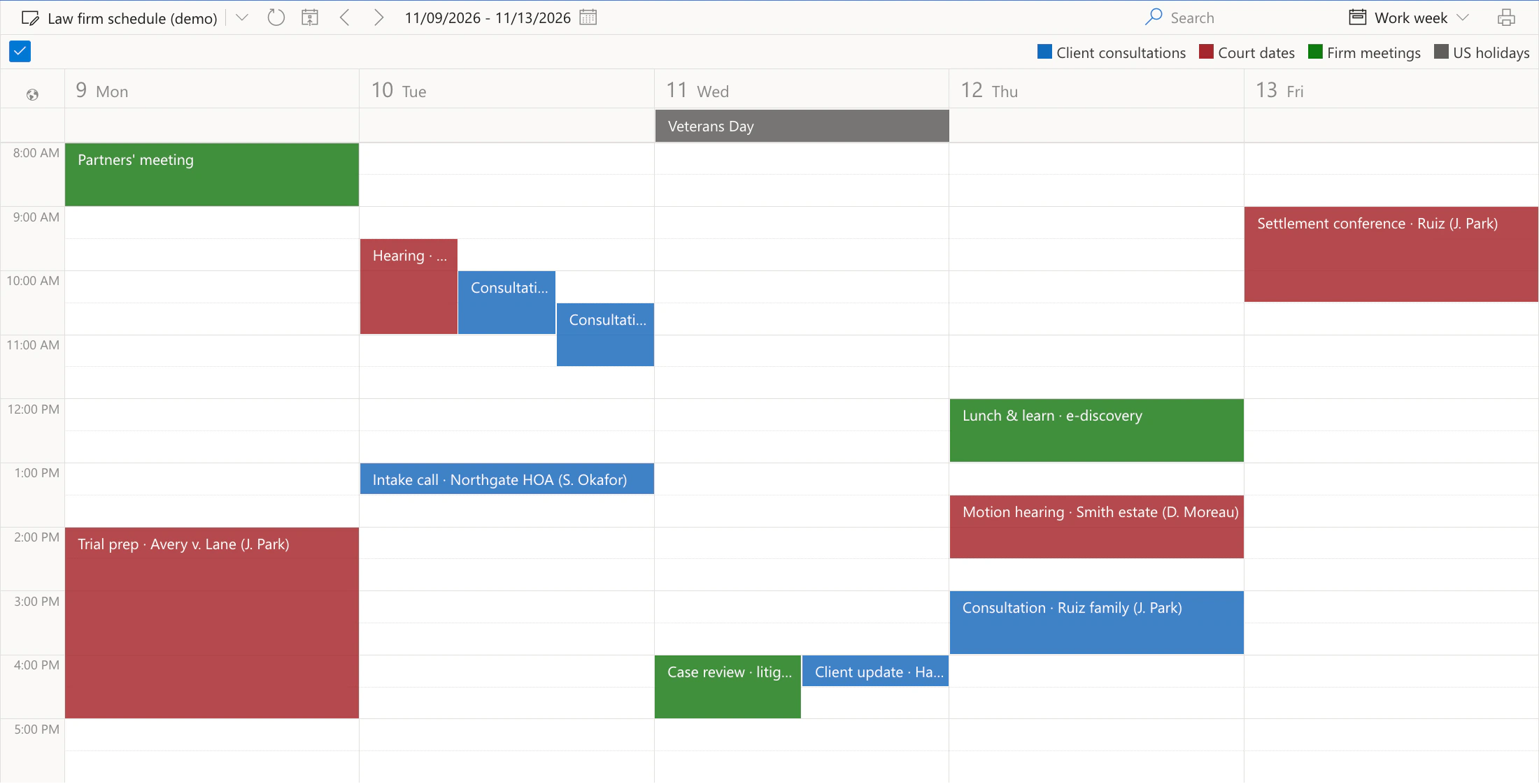 Virto Calendar App, Work week view of 9 to 13 November 2026 in the Law firm schedule (demo) calendar from 8:00 AM to 6:00 PM: court dates in red, such as Trial prep · Avery v. Lane (J. Park) on Monday, Motion hearing · Smith estate (D. Moreau) on Thursday and Settlement conference · Ruiz (J. Park) on Friday, client consultations in blue, such as Consultation · Ruiz family (J. Park), firm meetings in green, such as Partners' meeting and Lunch & learn · e-discovery, and Veterans Day on Wednesday