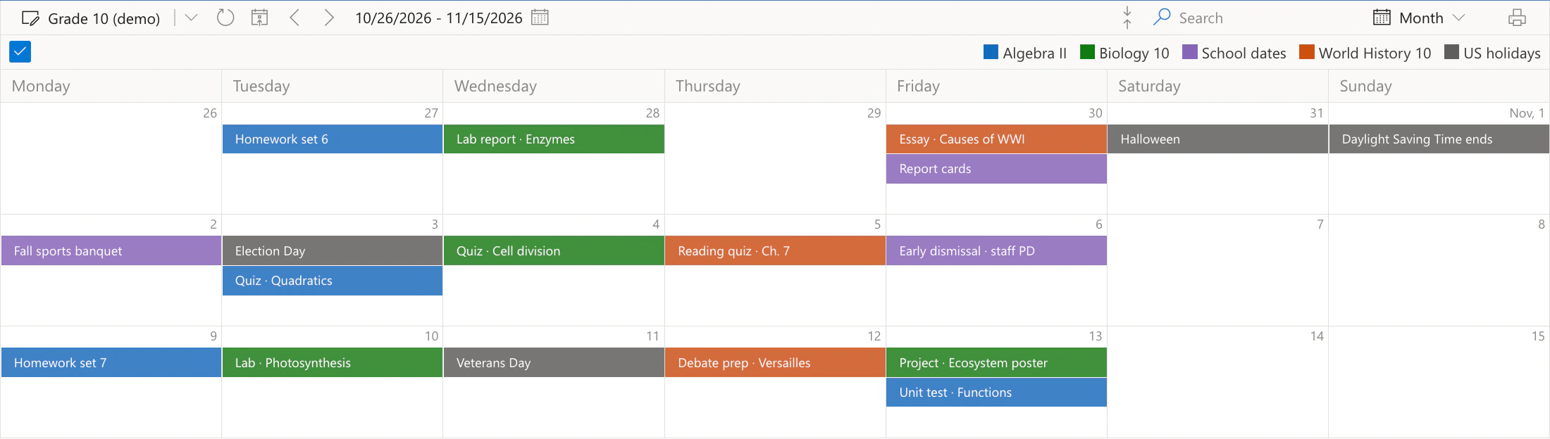 Virto Calendar App, Monatsansicht des Kalenders Grade 10 (demo) für drei Wochen vom 26. Oktober bis 15. November 2026: Abgabetermine aus drei SharePoint-Listen, Algebra II in Blau (Homework set 6, Quiz · Quadratics, Homework set 7, Unit test · Functions), Biology 10 in Grün (Lab report · Enzymes, Quiz · Cell division, Lab · Photosynthesis, Project · Ecosystem poster) und World History 10 in Orange (Essay · Causes of WWI, Reading quiz · Ch. 7, Debate prep · Versailles), Schultermine in Lila (Report cards, Fall sports banquet, Early dismissal · staff PD) und US-Feiertage in Grau