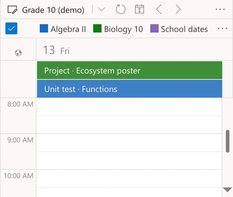 Virto Calendar App in Smartphone-Breite, Tagesansicht von Freitag, 13. November, im Kalender Grade 10 (demo): Project · Ecosystem poster aus Biology 10 in Grün und Unit test · Functions aus Algebra II in Blau, beide an diesem Tag fällig