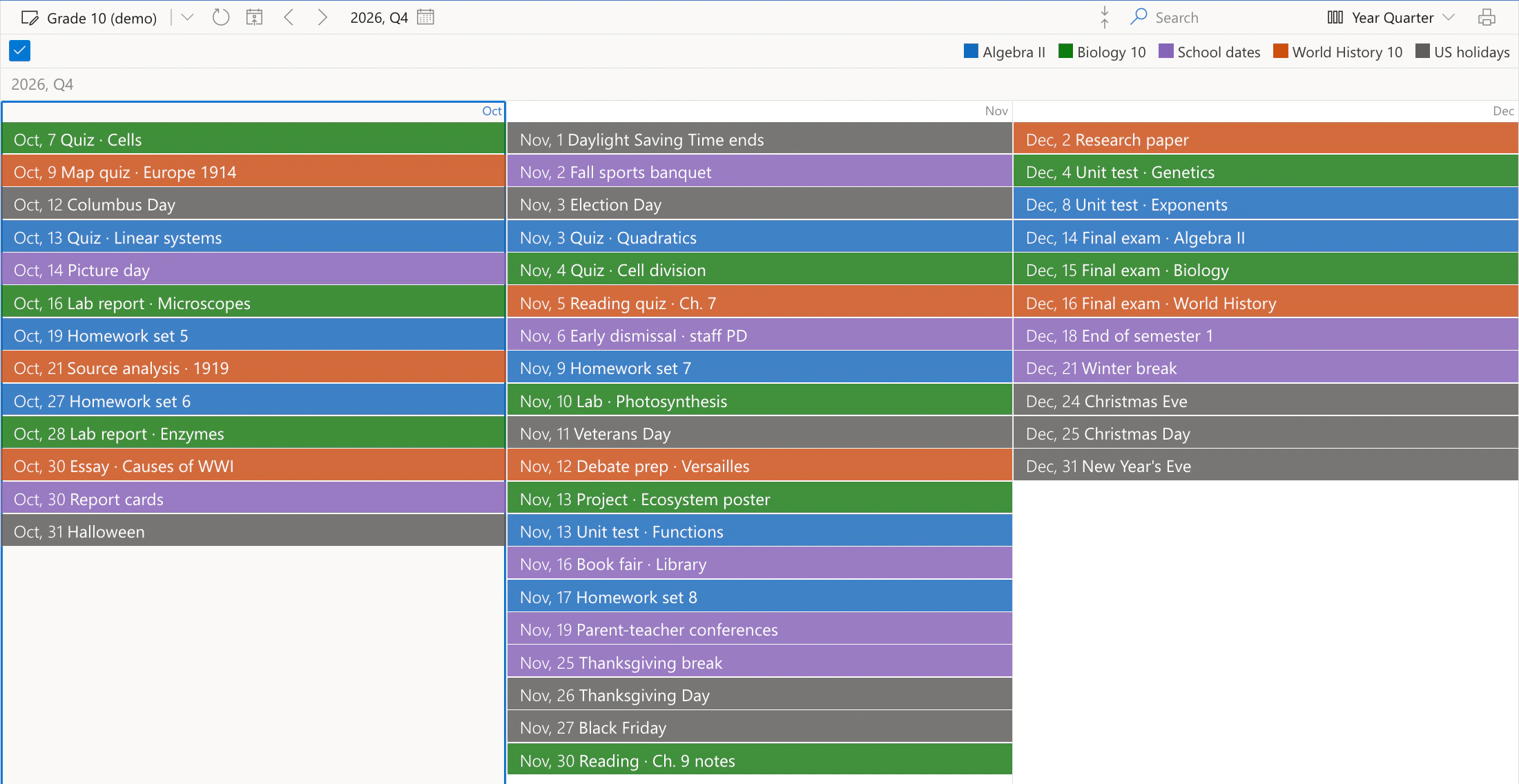 Virto Calendar App, Year-Quarter-Ansicht des Kalenders Grade 10 (demo) für das vierte Quartal 2026: eine Spalte pro Monat mit allen Abgabe- und Schulterminen in der Farbe ihres Fachs, von Oct, 7 Quiz · Cells über Nov, 19 Parent-teacher conferences und Nov, 25 Thanksgiving break bis Dec, 14 Final exam · Algebra II, Dec, 18 End of semester 1 und Dec, 21 Winter break